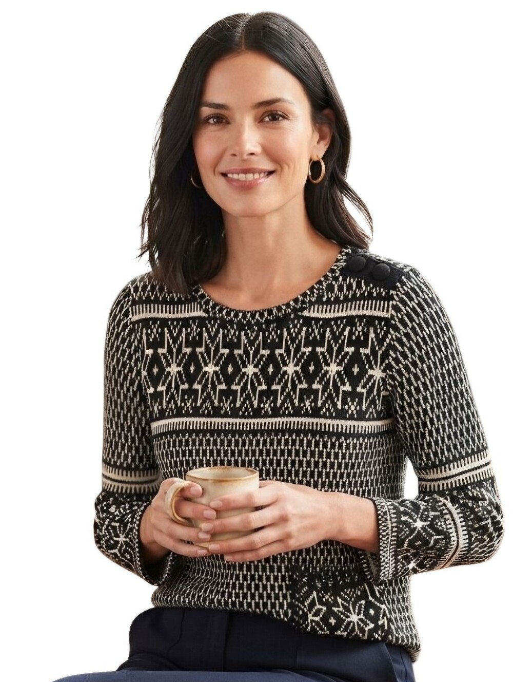 J. Jill Vintage Black Cream Embroidered Nordic Pocket Sweater Size S